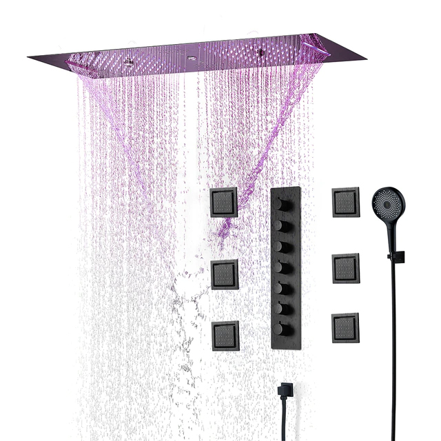 Remote Controlled Matte Black Thermostatic LED Recessed Ceiling Mount Musical Rainfall Waterfall Shower System with Hand Shower and Jetted Body Sprays